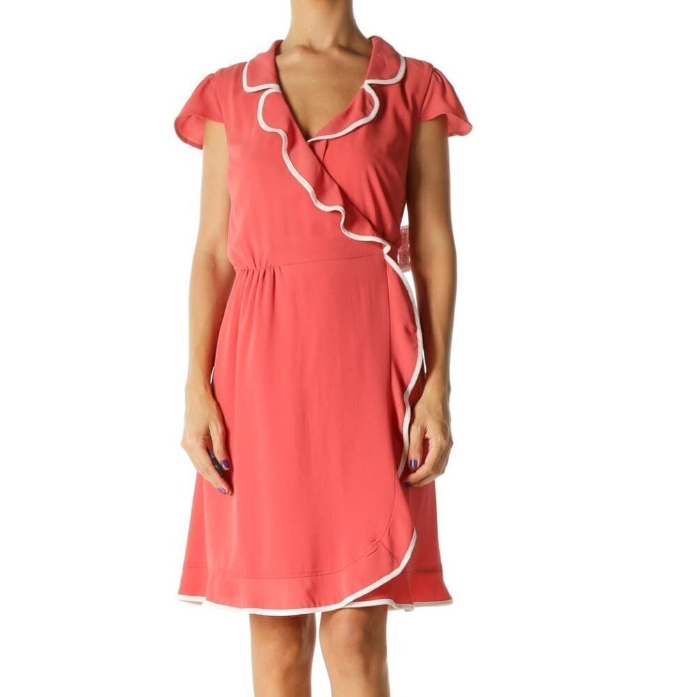 ModCloth Coral Pink White Trim Detail Ruffle Cap Sleeves Day Dress
